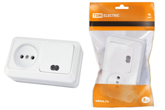 Блок комбинированный выкл. 1-кл. с/п 10А + розетка 2П 250В БКВР IP20 белый "Ладога" | SQ1801-0107 TDM