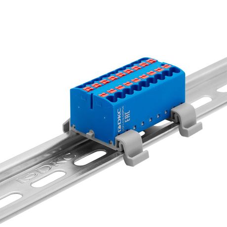 Блок распределительный с гориз. адаптером на рейку шириной 35мм, зажим push-in, 18 точек подключения 2,5 кв.мм, синий - DTP1-018-04SPUB-H ДКС