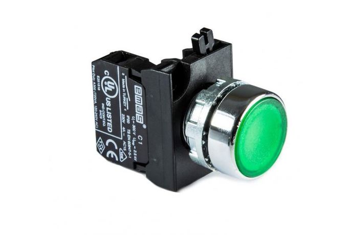 Кнопка (1НО) зелёный цвет с блоком подсветки CB9 (зелёный светодиод 12-30В AC/DC) серия CM (250В AC 4А) IP65 - CM190DY EMAS