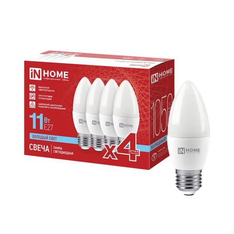 Лампа светодиодная LED-СВЕЧА-VC 4PACK 11Вт свеча 6500К E27 1050лм 230В (уп.4шт) IN HOME 4690612066721 IN HOME арт. 4690612066721