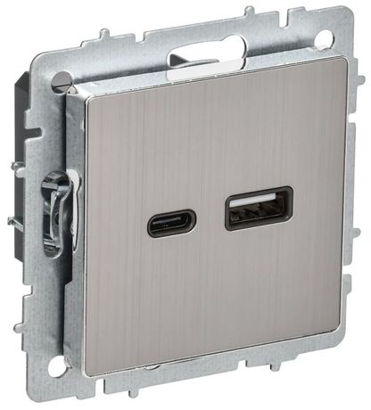 Розетка BRITE USB A+C 18Вт РЮ11-1-БрГН механизм металл хром/никель IEK BR-U22-018-M-K23 IEK арт. BR-U22-018-M-K23