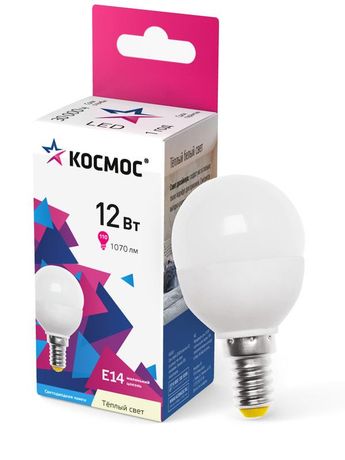 Лампа светодиодная LED 12Вт Шар 220В Е14 D45х90 3000К теплый 1070 лм - LkeLED12wGL45E1430 Космос