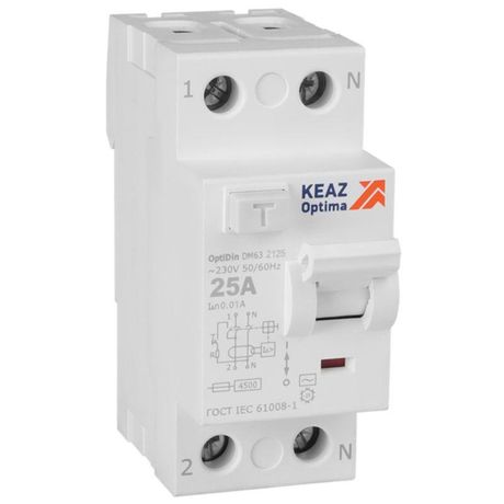 Выключатель дифференциального тока (УЗО) без защиты от сверхтоков 2П 25А 10мА AС 4,5кА OptiDin DM63-2125-AC-4,5-УХЛ4 - 343882 КЭАЗ