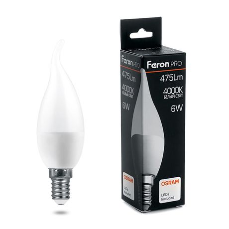 Лампа светодиодная LED 6вт Е14 белый матовая свеча на ветру Feron.PRO OSRAM - 38048 LB-1306