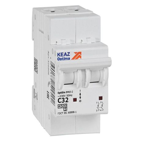 Выключатель автоматический двухполюсный 32А C 4,5кА AC OptiDin BM63-2C32-4,5-УХЛ3 - 326806 КЭАЗ