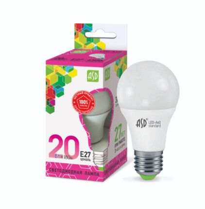 Лампа светодиодная LED-A60-standard 20Вт грушевидная 230В E27 6500К 1800лм ASD 4690612014210