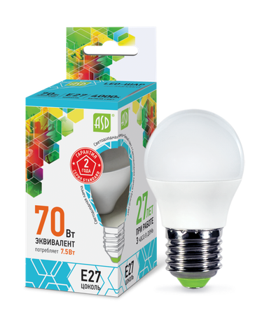 Лампа светодиодная LED-Шар-standard 7.5Вт шар 4000К нейтр. бел. E27 675лм 160-260В ASD 4690612003993