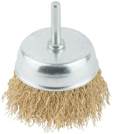 Корщетка тип "чашка" со штифтом стальная латунированная волнистая проволока 75мм MOS 38488М