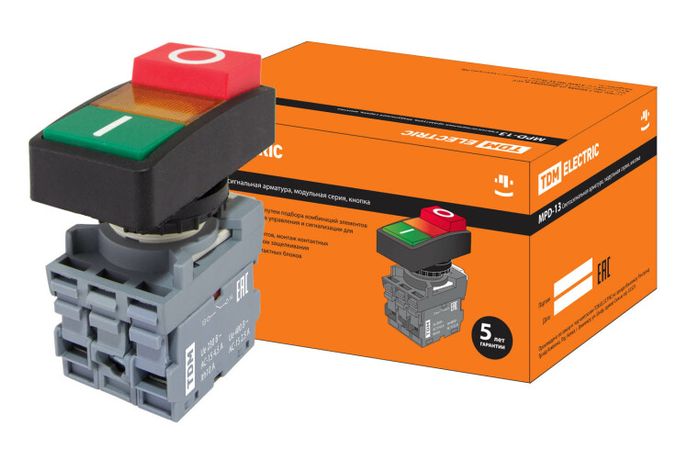 Кнопка двойная MPD13-11Y (зеленая/красная-выступающая) (LED) d22мм/220В (I/O) линза желтая | SQ0747-0037 TDM