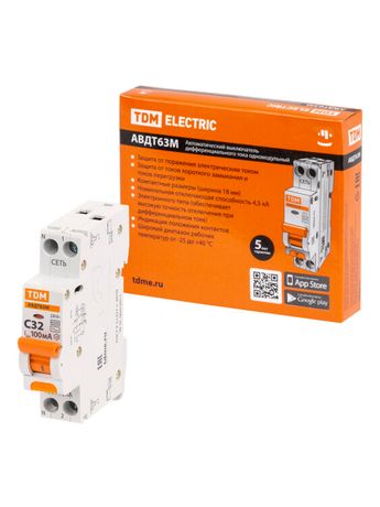 Выключатель автоматический дифференциального тока АВДТ 63М 2P(1P+N) C32 100мА 4,5кА тип АС | SQ0202-0068 TDM