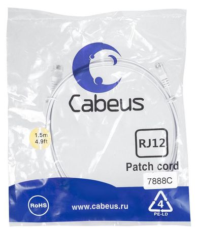 Патч-корд PC-TEL-RJ12-1.5m телефонный 2х6р4с, белый, PVC, 1.5 м - 7888c Cabeus