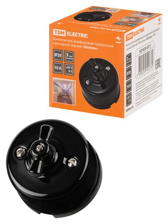 Выключатель фарфоровый поворотный проходной с ручкой (бантик) 10А черный «Болонь» | SQ1820-0211 TDM