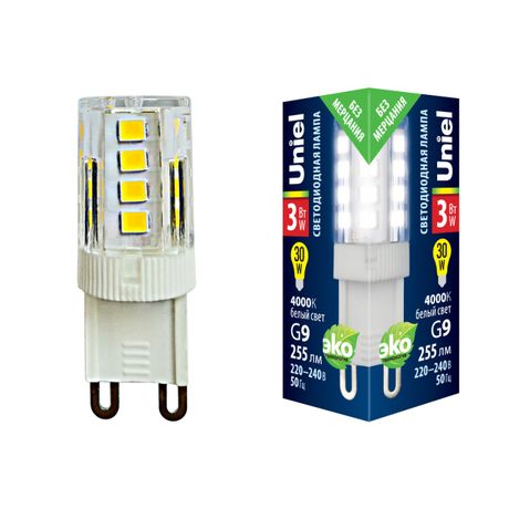 Лампа светодиодная LED-JCD-3W/4000K/G9/CL GLZ09TR 3Вт прозрачная 4000К нейтр. бел. (упак. картон) Uniel UL-00006747
