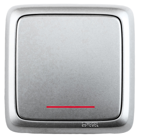 Выключатель одноклавишный наружный с монтажной пластиной индикацией серебро 10А - ВА10-116-06 HEGEL