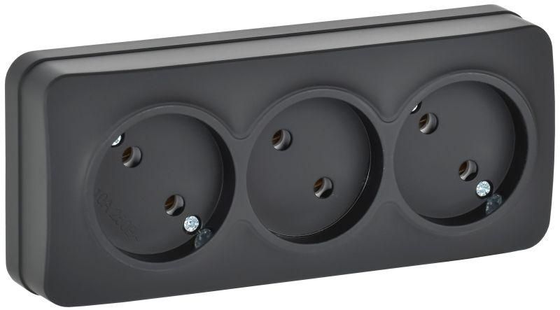 Розетка 3-м ОП GLORY РС23-2-ХЧм 10А без заземл. защ. шторок черн. матов. IEK ERH30-K02M-10