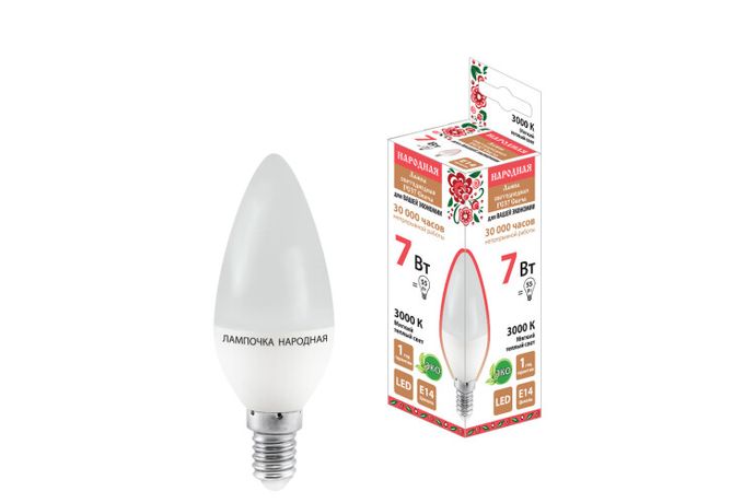 Лампа светодиодная FС37-7 Вт-230 В -3000 К–E14 Народная | SQ0340-0193 TDM