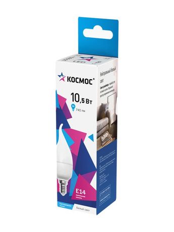 Лампа светодиодная LED 10.5Вт Свеча на ветру 220В Е14 4500К белый 860 лм - LkecLED10.5wCWE1445 Космос