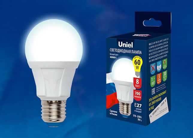 Лампа светодиодная LED-A60 8W/NW/E27/FR PLP01WH LED. "груша", матовая. серия Яркая, пр-во Россия, 4000K | UL-00001523 Uniel