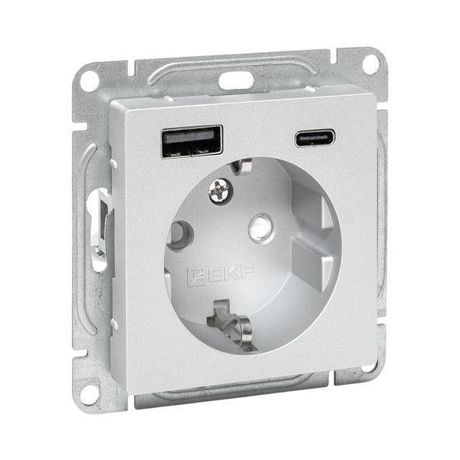 Механизм розетки с USB-A+С - 2шт, 16А, заземлением, со шторками, алюминий Эпика EKF | UP1-SOA-111-USBA+USBC