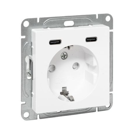 Механизм розетки с USB-C - 2шт, 16А, заземлением, со шторками, белый Эпика EKF | UP1-SOW-111-2USBC