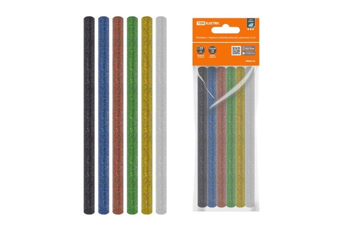 Клеевые стержни универсальные цветные с блестками, 7 мм x 100 мм, набор 6 шт, "Алмаз" | SQ1024-0509 TDM