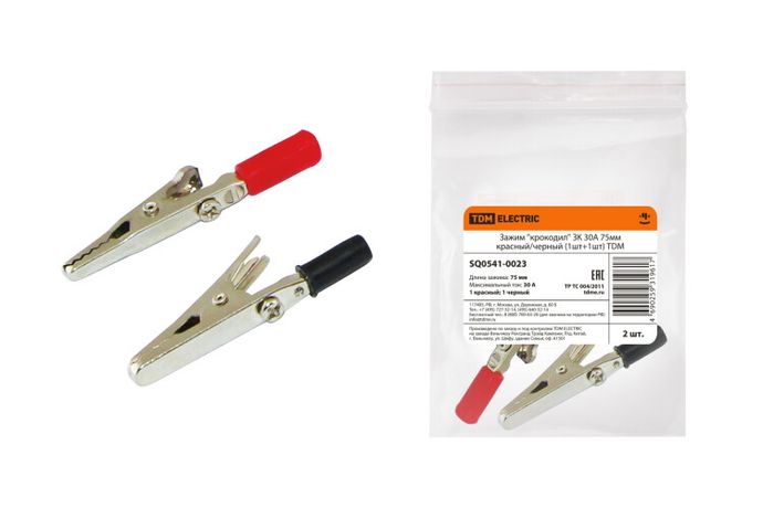 Зажим "крокодил" ЗК 30А 75мм красный/черный (1шт+1шт) | SQ0541-0023 TDM