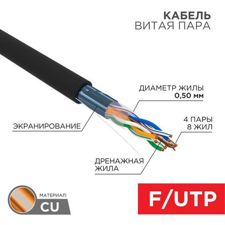 Кабель витая пара F/UTP кат.5e 4х2х24AWG solid PE OUTDOOR медь черн. (уп.305м) (кор.) (м) Rexant 01-0146-1 MEET