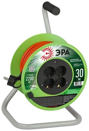 Удлинитель силовой RP-4e-3х1.0-30m на пластиковой катушке c заземлением 4 розетки 30м ПВС 3х1мм2 | Б0056099 ЭРА