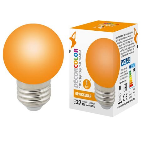 Лампа декоративная светодиодная LED-G45-1W/ORANGE/E27/FR/С Форма шар матовая Цвет оранжевый Картон ТМ Volpe - UL-00005650 Uniel