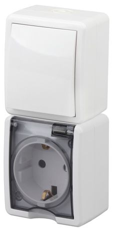 Блок розетка+выкл. верт. IP54, 16A(10AX)-250В, ОУ, Эра Эксперт, белый, 11-7407-01 - Б0036004