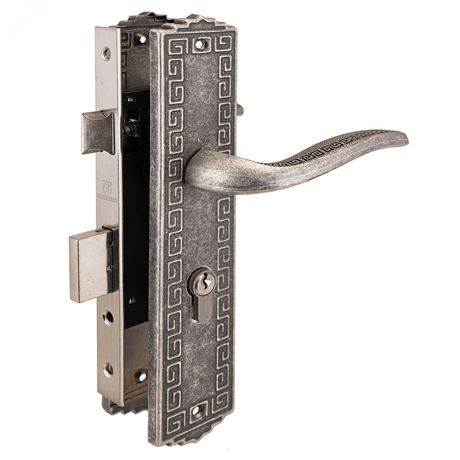 Замок врезной цилиндровый с ручками для деревянных дверей АЛЛЮР АРТ ЗВ4-70.06 AS состаренное серебро - 10572 ПТК