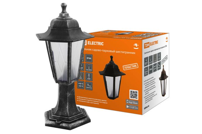 Светильник садово-парковый НТУ 06-60-001 шестигранник, стойка, пластик, расс.пластик, серебро | SQ0330-0792 TDM