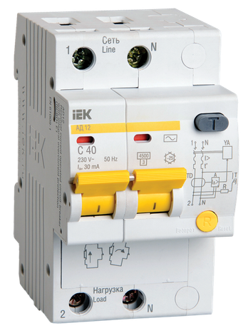 Выключатель автоматический дифференциального тока АД12 2п 40А C 30мА тип AC (3 мод) | MAD10-2-040-C-030 IEK
