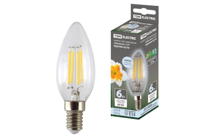 Лампа светодиодная свеча "Филамент" С37-6 Вт-230 В-4000 К–E14 TDM | SQ0340-0276