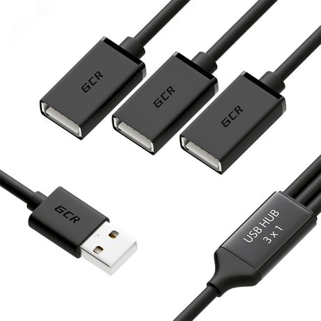 Хаб USB 2.0 на 3 порта, 1.2 м., гибкий, черный - 1000636957 Greenconnect