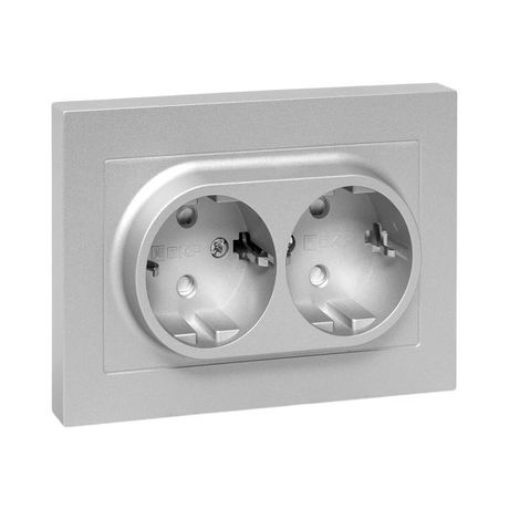 Механизм розетки двойной, 16А, с заземлением, со шторками, рамкой, алюминий Эпика EKF | UP1-SOA-211