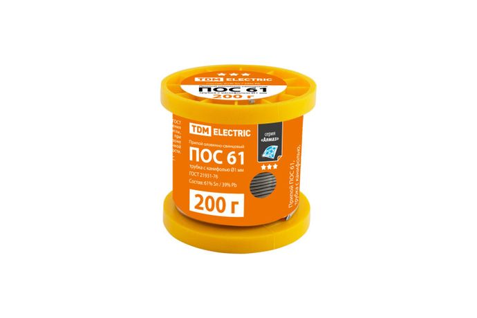 Припой ПОС 61, трубка с канифолью, ГОСТ 21931-76, 1 мм, 200 г, катушка, серия "Алмаз" | SQ1025-0305 TDM