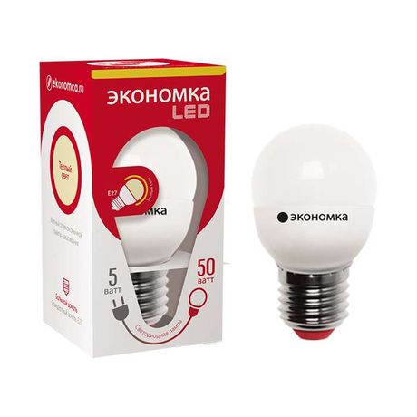 Лампа светодиодная GL45 5Вт шар 3000К тепл. бел. E27 340лм 220-240В 45мм ЭКОНОМКА Eco_LED5wGL45E2730