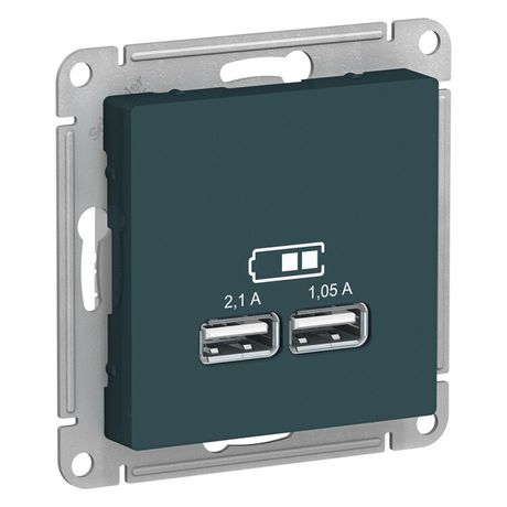 Розетка ATLASDESIGN USB 5В 1 порт x 2,1 А 2 порта х 1,05 механизм изумруд - ATN000833 APC