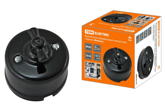 Выключатель фарфоровый поворотный с ручкой (бантик) 10А черный «Болонь» | SQ1820-0002 TDM