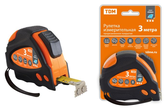 Рулетка 3 м х 16 мм, тройная фиксация, автостоп, обрезиненный корпус, магнит, "Алмаз" | SQ1018-0109 TDM