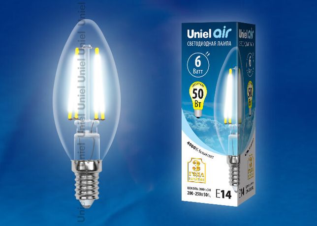 Лампа светодиодная LED-C35-6W/NW/E14/CL GLA01TR LED. "свеча", прозр серия Air. 4000K | UL-00002198 Uniel