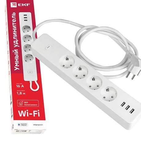 Удлинитель умный 4х1.8м 16А IP20 Connect Wi-Fi 3хUSB с выкл. управлением по PROxima EKF RCE-1-WF