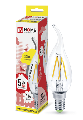 Лампа светодиодная LED-свеча на ветру-deco 5Вт 230В E14 3000К 450Лм прозрачная IN HOME 4690612007625