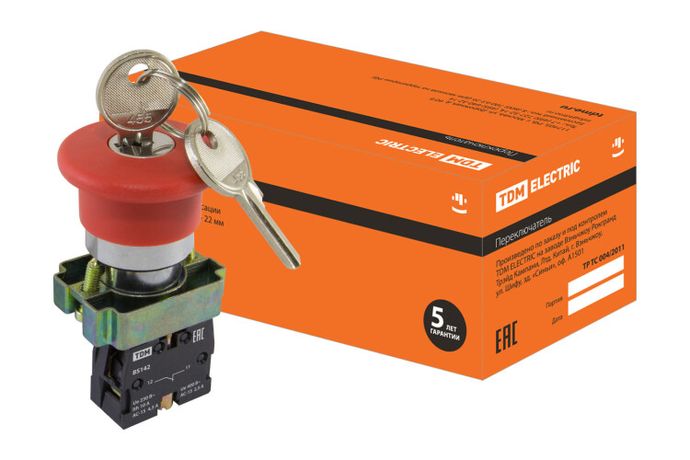 Кнопка BS142 "Грибок"с ключом красный d22мм 230В 1р | SQ0704-0023 TDM