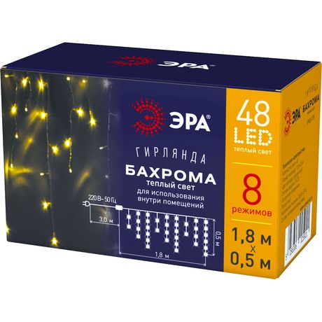 Гирлянда светодиодная Бахрома 1,8 м*0,5 теплый свет 8 режимов ENIB-01B 220V, IP20 (100/800) | Б0041899 ЭРА