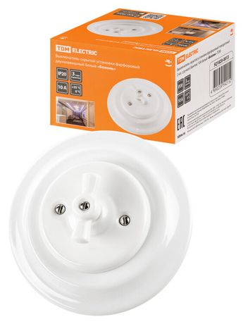 Выключатель скрытой установки фарфоровый поворотный 2-кл. с ручкой (бантик) 10А белый «Болонь» | SQ1820-0013 TDM