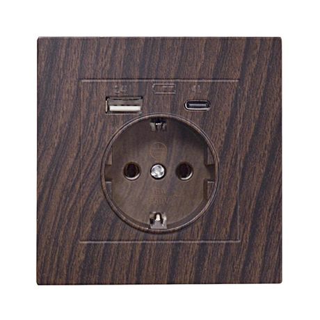 Розетка СП Афина 16А с заземл. 2-мя заряд. устр. USB 5В тип А(2.4А)+С(4А) в сборе венге Universal А0056-V Союз