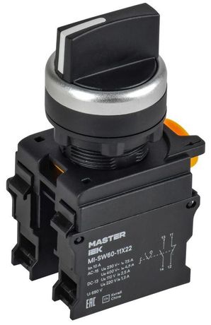 Переключатель 2 полож. возвр. 1NO+1NC чёрный MASTER | MI-SW60-11X22-3-24-2-K02 IEK