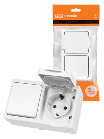 Блок (горизонтальный) выключатель 1-кл. + розетка 2П+З с з/ш БКВР IP54 белый "Вуокса" | SQ1803-1010 TDM